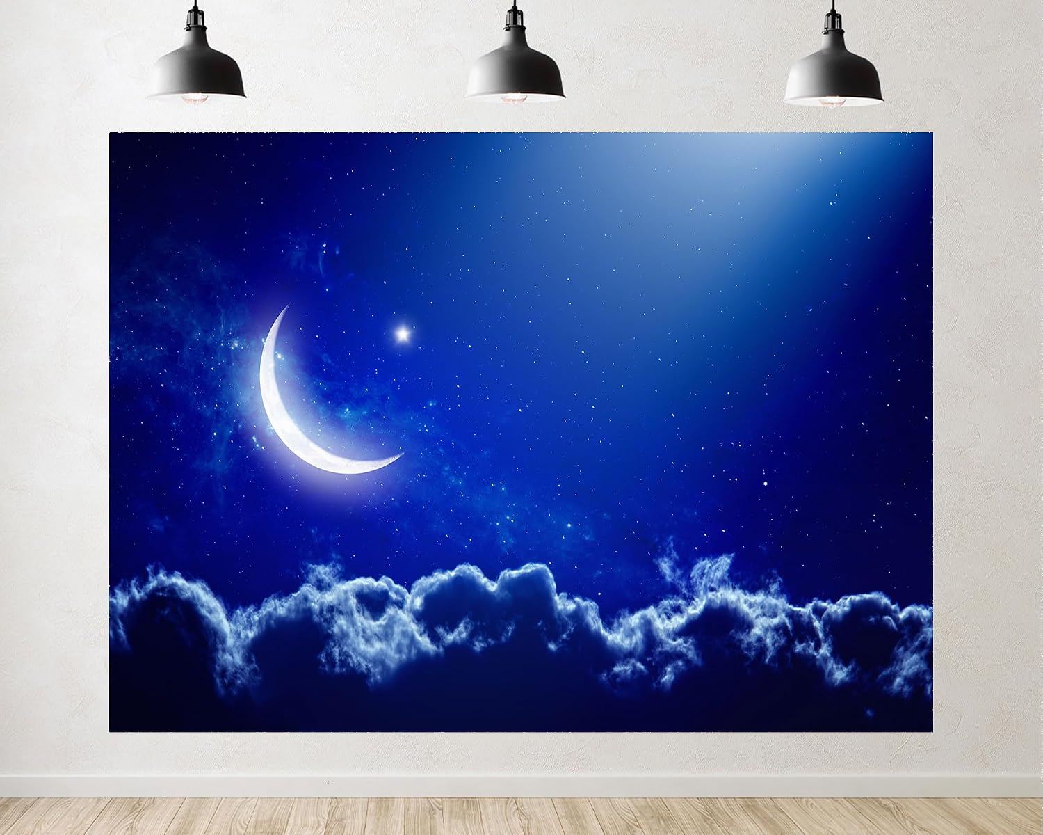 Trykid 20x10ft Crescent Moon Starry Night Sky Glow Backdrop Blue Galaxy Cloud Horizon Photography Background Mysterious Night Scenery Party Decoration Tapestry Photo Booth Prop Fabric