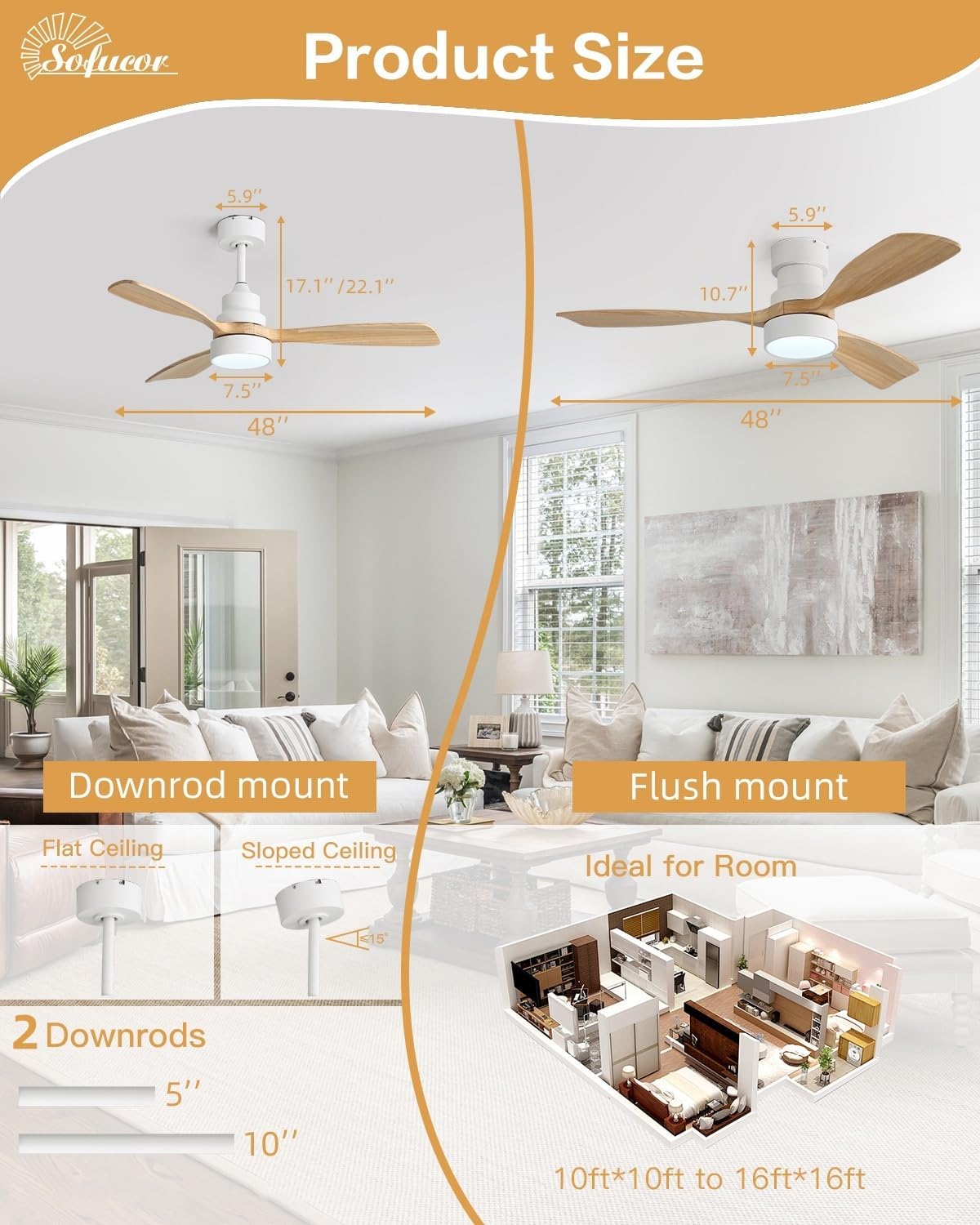 Sofucor 48 Inch Ceiling Fans with Lights and Remote Control-Modern Flush Mount&Downrod Mount Ceiling Fan for Bedroom Living Room Indoor Outdoor Farmhouse Patio, Timer Quiet DC Motor,White&Natural Wood