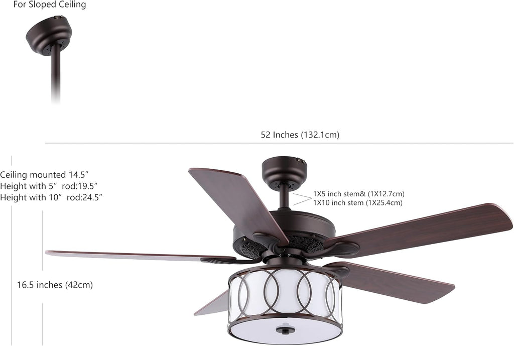 JONATHAN Y 52' Oil Rubbed Bronze/White Modern Glam LED Ceiling Fan with Remote, 3-Light Indoor Fan with 5 Reversible Blades, White Fabric Drum Shade for Living Room, Bedroom, ETL Listed (JYL9607B)