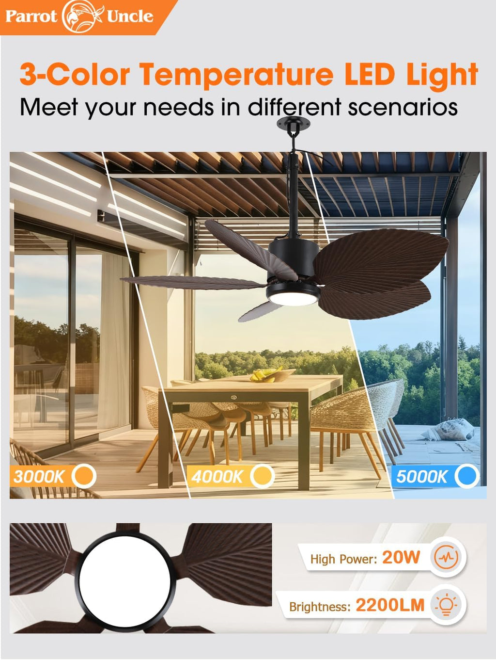 Parrot Uncle 42 Inch Outdoor Palm Leaf Ceiling Fan,IP66 Outdoor Waterproof Ceiling Fan with Light,3CCT 6-Speed Quite DC Motor, Wet Rated Plug in Fans for Patios Porch Pergola (Brown & Black)