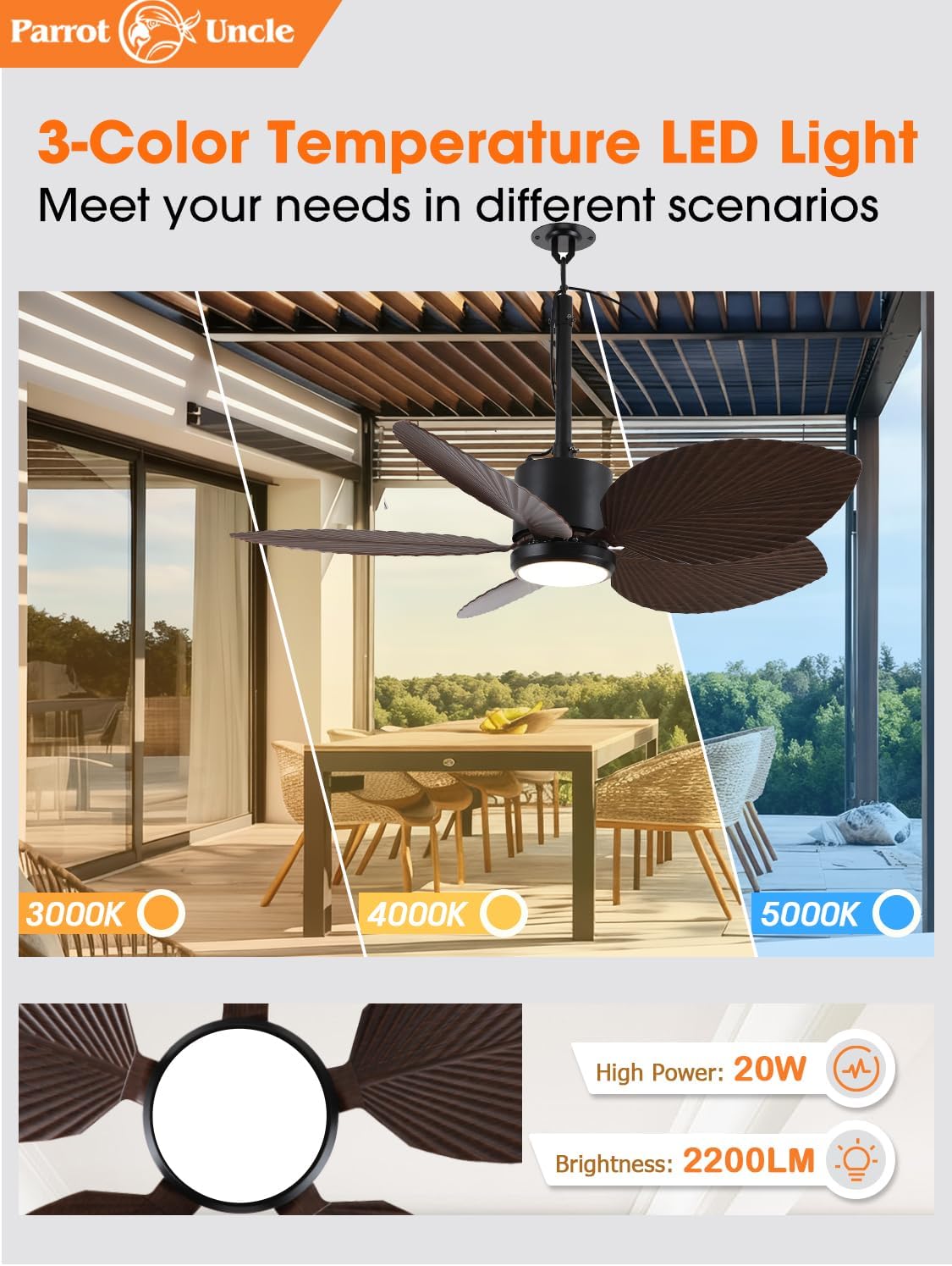 Parrot Uncle 42 Inch Outdoor Palm Leaf Ceiling Fan,IP66 Outdoor Waterproof Ceiling Fan with Light,3CCT 6-Speed Quite DC Motor, Wet Rated Plug in Fans for Patios Porch Pergola (Brown & Black)
