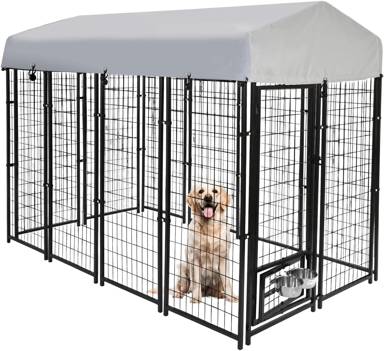 8x4x6 FT Dog Kennel Outdoor for Large Dogs - Heavy Duty Welded Steel Dog Playpen with Waterproof Roof, 360° Rotating Bowls, Latch-Lock Outdoor Dog Run Enclosure