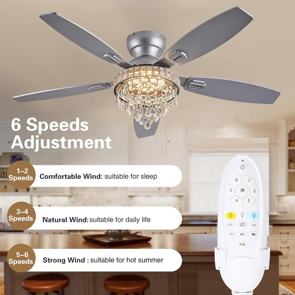 Crystal Ceiling Fan Fandelier with Lights-Ceiling Fans with Lights,50' Low Profile and Remote Control, Flush Mount, Reversible, Dimmable, Noiseless, Sliver Ceiling Fan for Bedroom