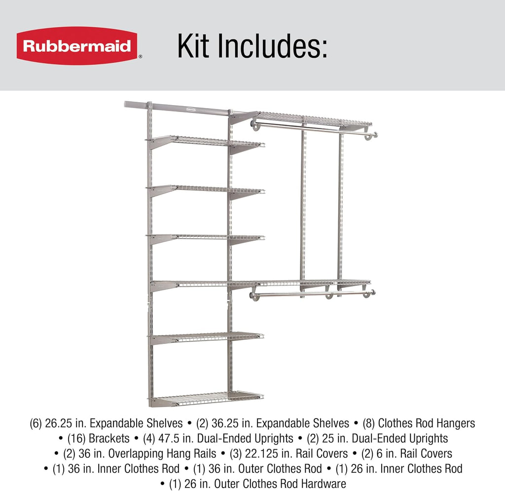 Rubbermaid Configurations Deluxe Custom Closet Kit, 3-6 Ft. Adjustable Metal Wire Shelving, Titanium Finish, Expandable Organization System, Hardware Included, for Home Closet/Pantry/Laundry/Mudroom