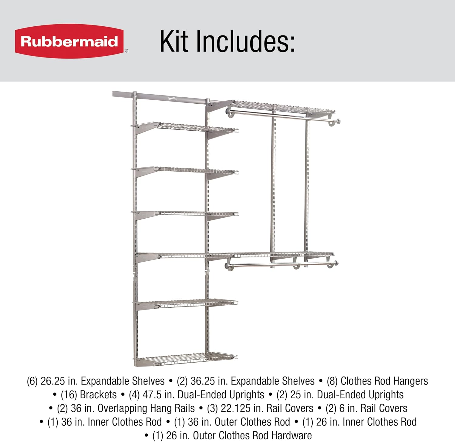 Rubbermaid Configurations Deluxe Custom Closet Kit, 3-6 Ft. Adjustable Metal Wire Shelving, Titanium Finish, Expandable Organization System, Hardware Included, for Home Closet/Pantry/Laundry/Mudroom