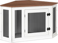 MAHANCRIS Corner Dog Crate Furniture, Wooden Dog Kennel End Table, Decorative Pet Crate Indoor Use, Furniture Style Dog House for Small Medium Dog, Dog Cage TV Stand, White and Walnut DCBA0801
