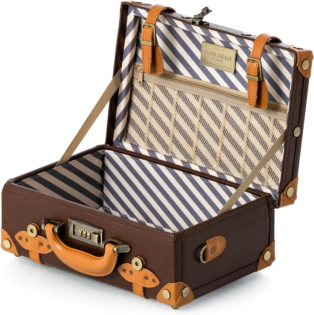 COTRUNKAGE 16' Carry On Suitcase Cute Pu Overnight Vintage Trunk Luggage Bag for Women with Strap, Cocoa Brown