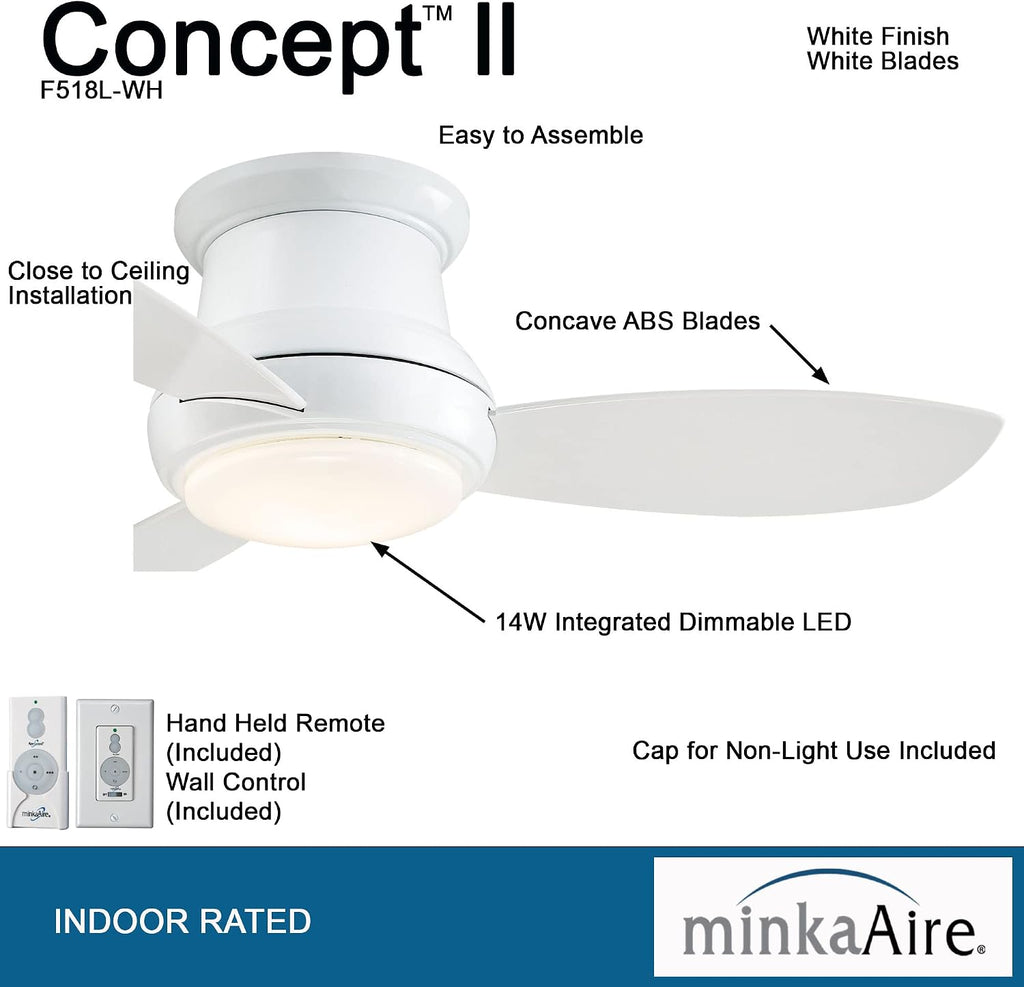 MINKA-AIRE F518L-WH, Concept II LED White Flush Mount 44' Ceiling Fan with Remote Control and Included Wall Control