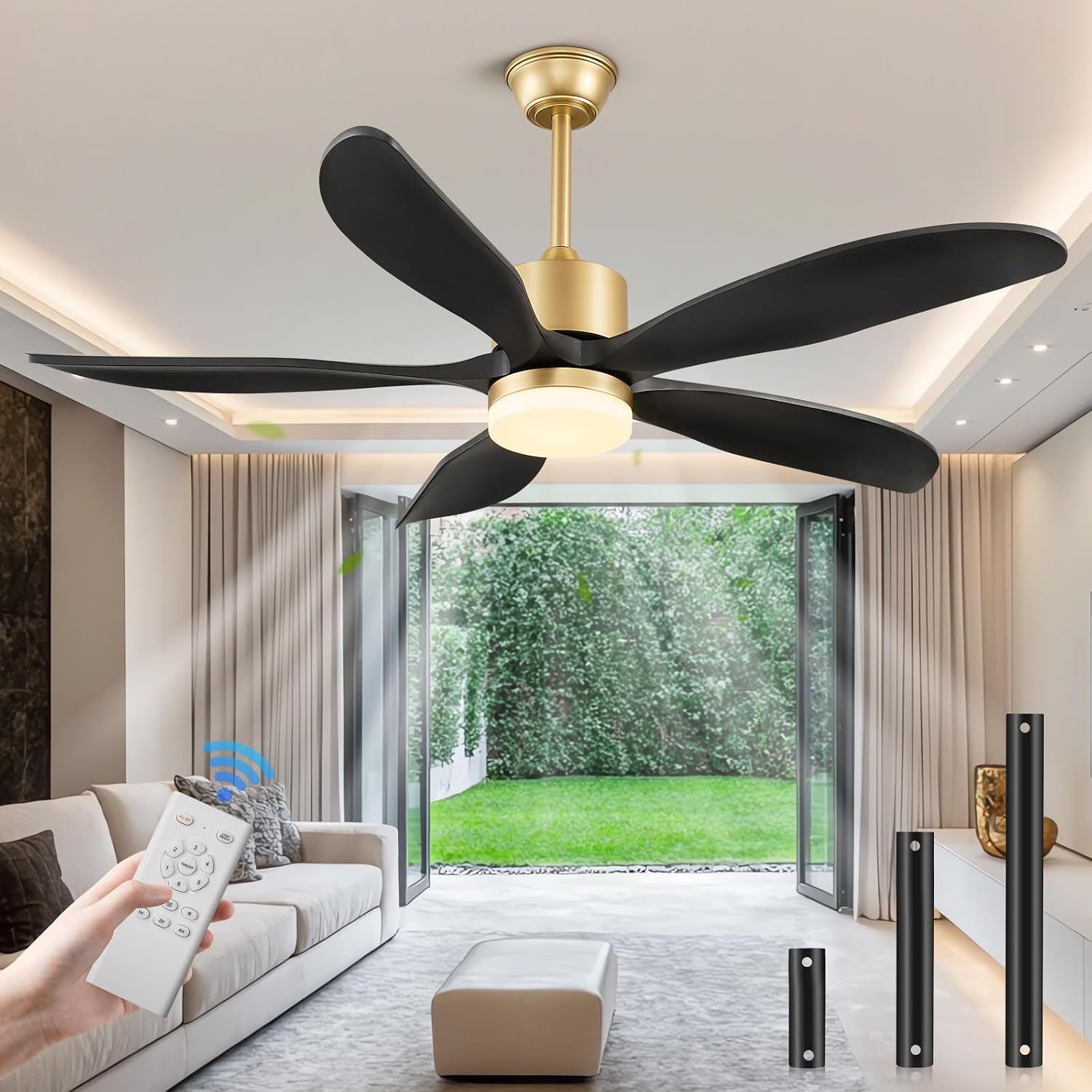 52 Inch Wood Ceiling Fan with Light and Remote, Original USA Patent Outdoor Ceiling Fan, 5 Wood Blades, 3 Downrods, Timer, 6 Speed ETL Certified DC Motor Ideal for Patio Porch Bedroom, Black and Gold