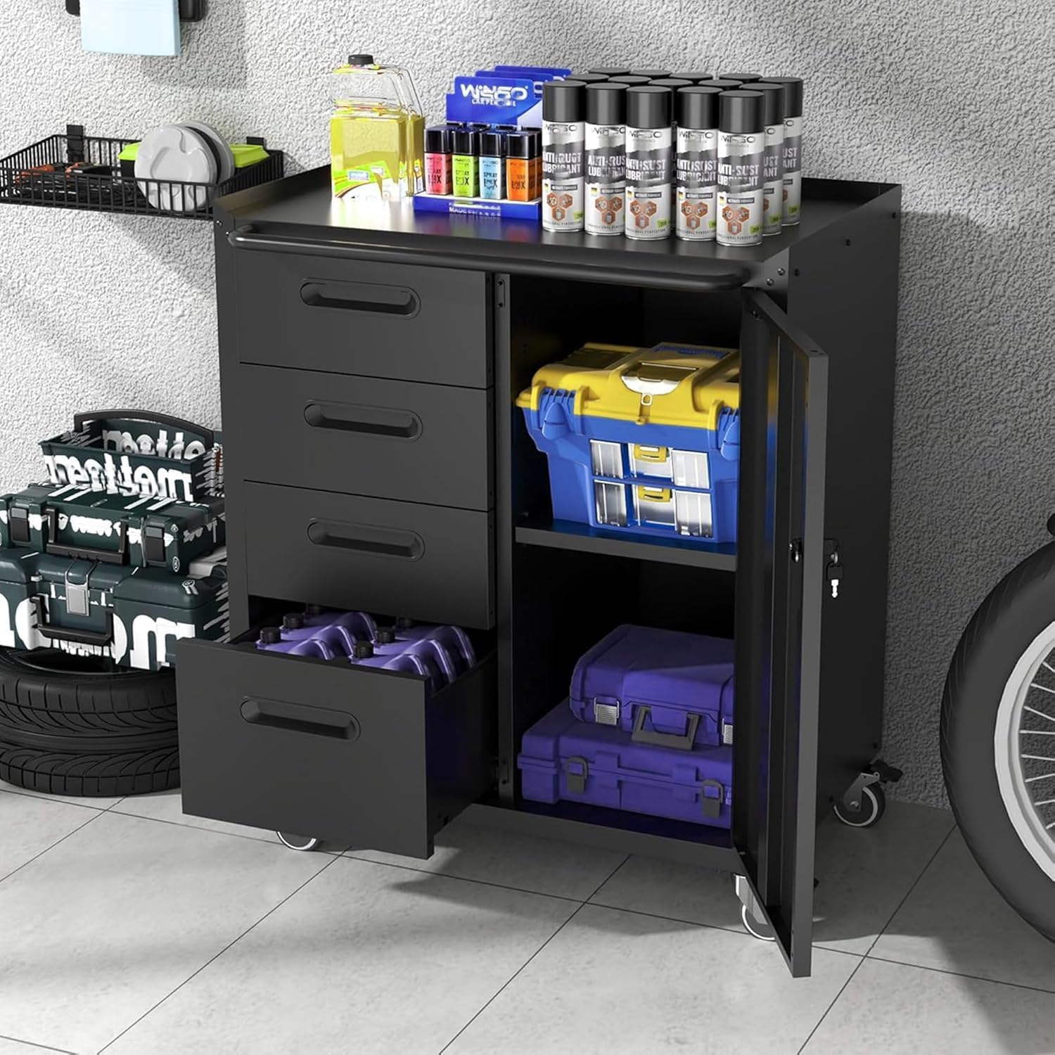 Garage Storage Cabinet System 6pcs Heavy Duty Workshop Set Wall Cabinet Lockable Rolling Tool Cabinets with Adjustable Shelves Metal Garage Storage Cabinets