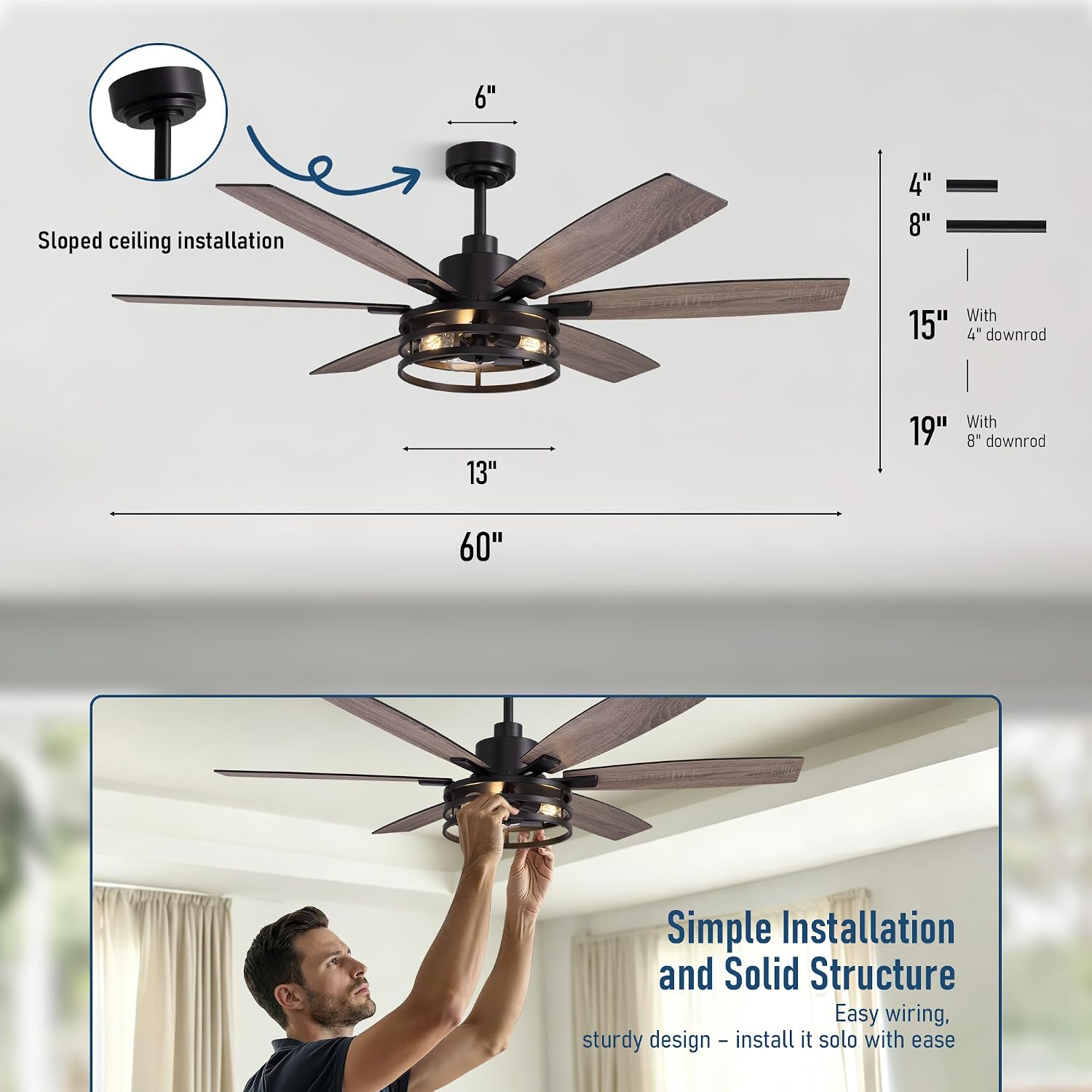 Farmhouse 60 Inch Ceiling Fan with Remote and App Control, Quiet 6-Speed Reversible DC Motor, Black Cage Design for Bedroom, Living Room, Covered Patio