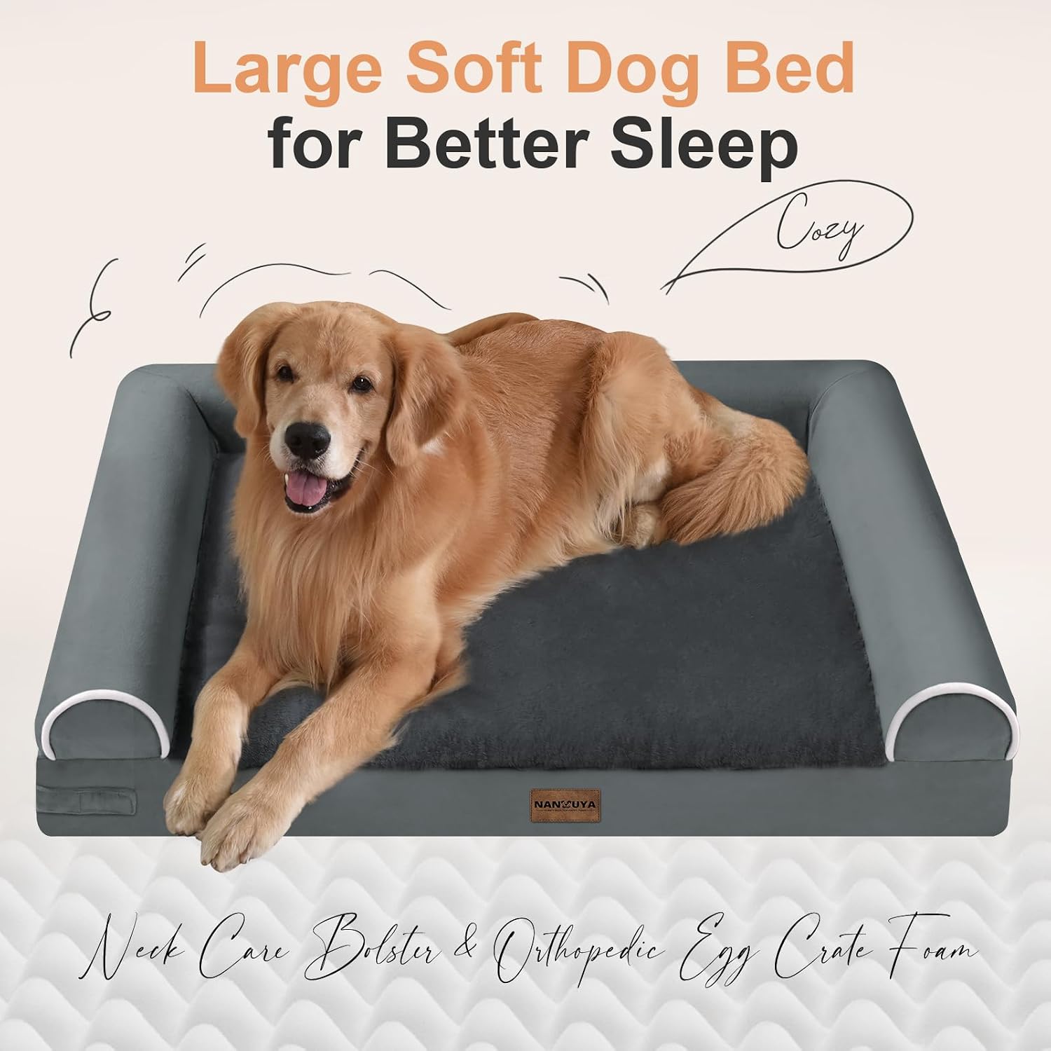 Large Dog Bed Orthopedic Washable: Jumbo Dog Bed Bolster Extra Large Dogs Egg Crate Foam Sofa Couch Waterproof Removable Cover - Dark Grey