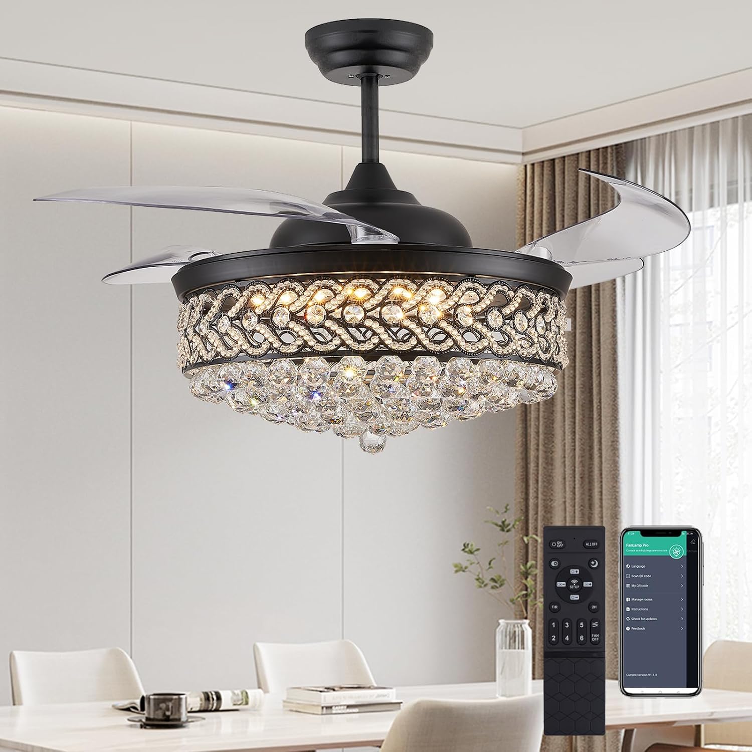 DuMaiWay 52' Dimmable Chandelier Ceiling Fan, Modern Crystal Retractable Invisible Blade Ceiling Fan with Remote Control for Bedroom Dining Room Living Room 6 Speed Change Black