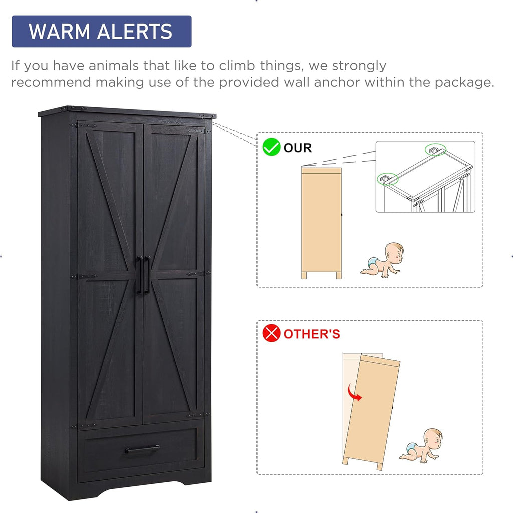 Farmhouse Kitchen Pantry Cabinet - 72' Tall Wood Kitchen Storage Cabinets with Adjustable Shelves & 2 Barn Doors & Drawer, Versatile Storage for Dining Room, Bathroom, Utility Room, Antique Black | Large