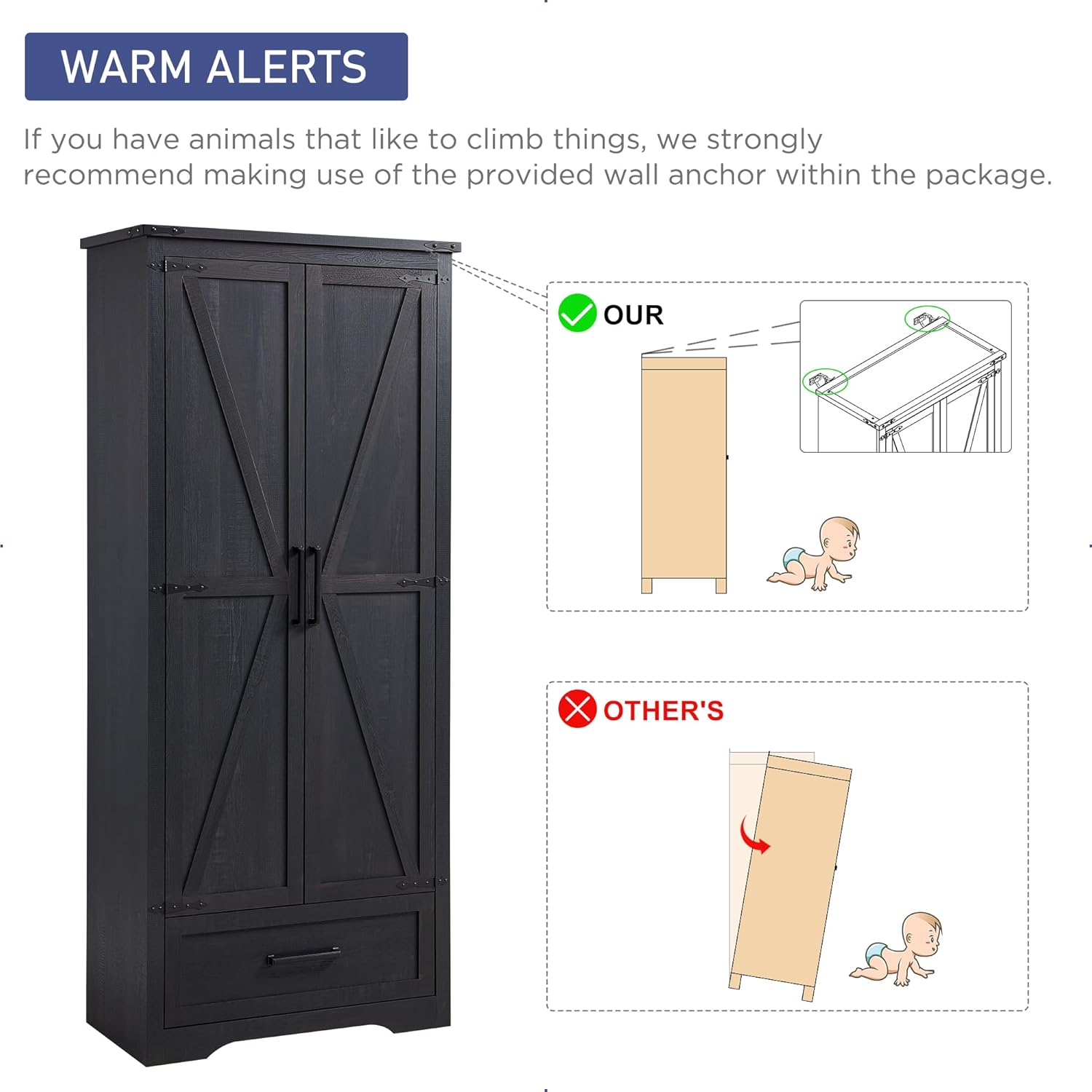Farmhouse Kitchen Pantry Cabinet - 72' Tall Wood Kitchen Storage Cabinets with Adjustable Shelves & 2 Barn Doors & Drawer, Versatile Storage for Dining Room, Bathroom, Utility Room, Antique Black | Large