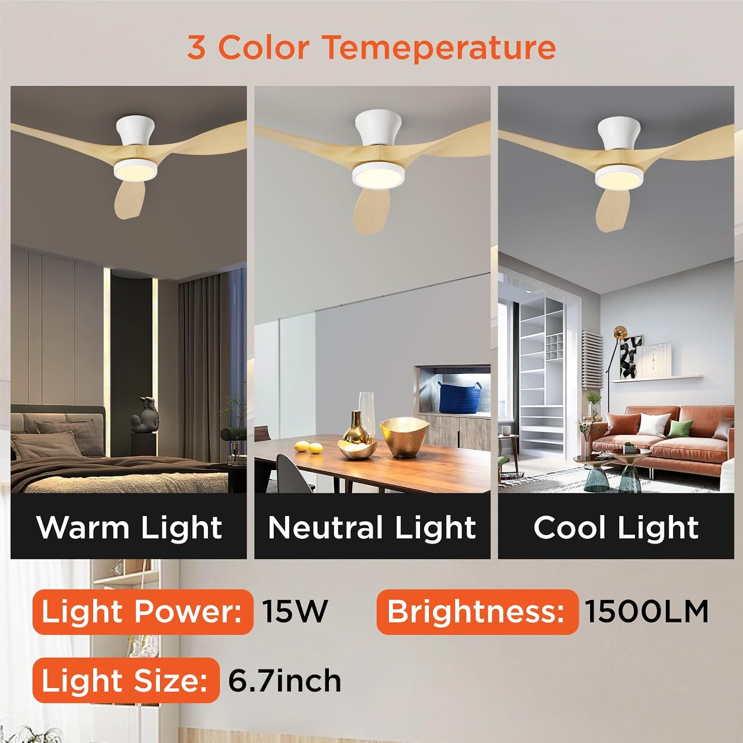 TALOYA 52 inch Ceiling Fans with Lights and Remote, Flush Mount Low Profile Ceiling Fan with Reversible DC Motor ABS Blades for Bedroom Living Room Kitchen Light Oak Finish