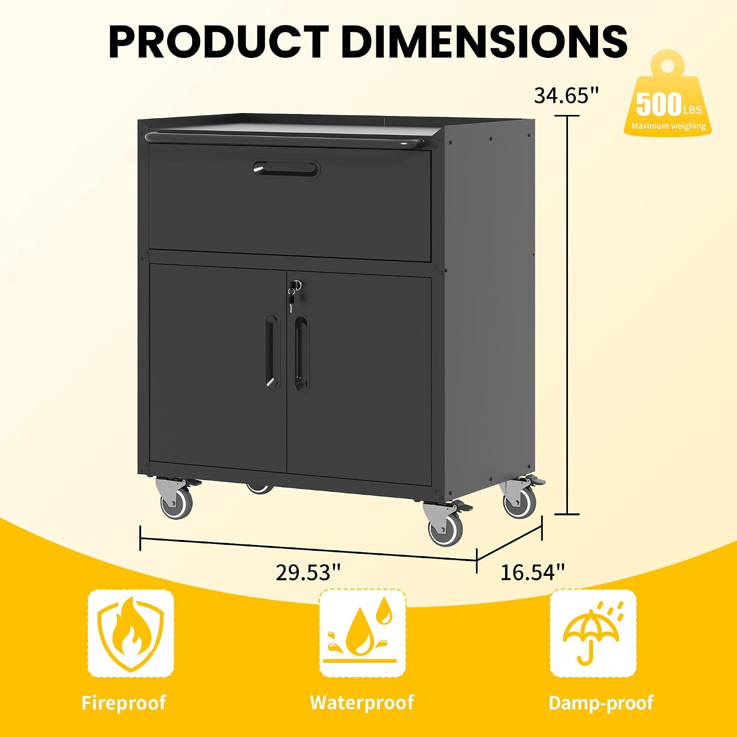 Garage Storage Cabinets with Wheels, Locking Metal Storage Cabinets with 2 Doors and 1 Drawer, Easy Assembly Tool Cabinet for Garage, Basement,Warehouse