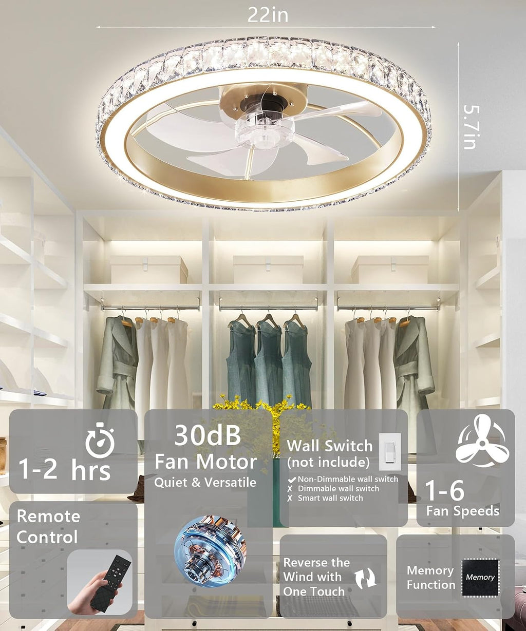 Aipsun Low Profile Modern Crystal Chandelier Ceiling Fans with Lights and Remote, 3000K-6500K Smart Bladeless LED Fan Light, 22' Gold Modern Ceiling Fans with Lights for Bedroom