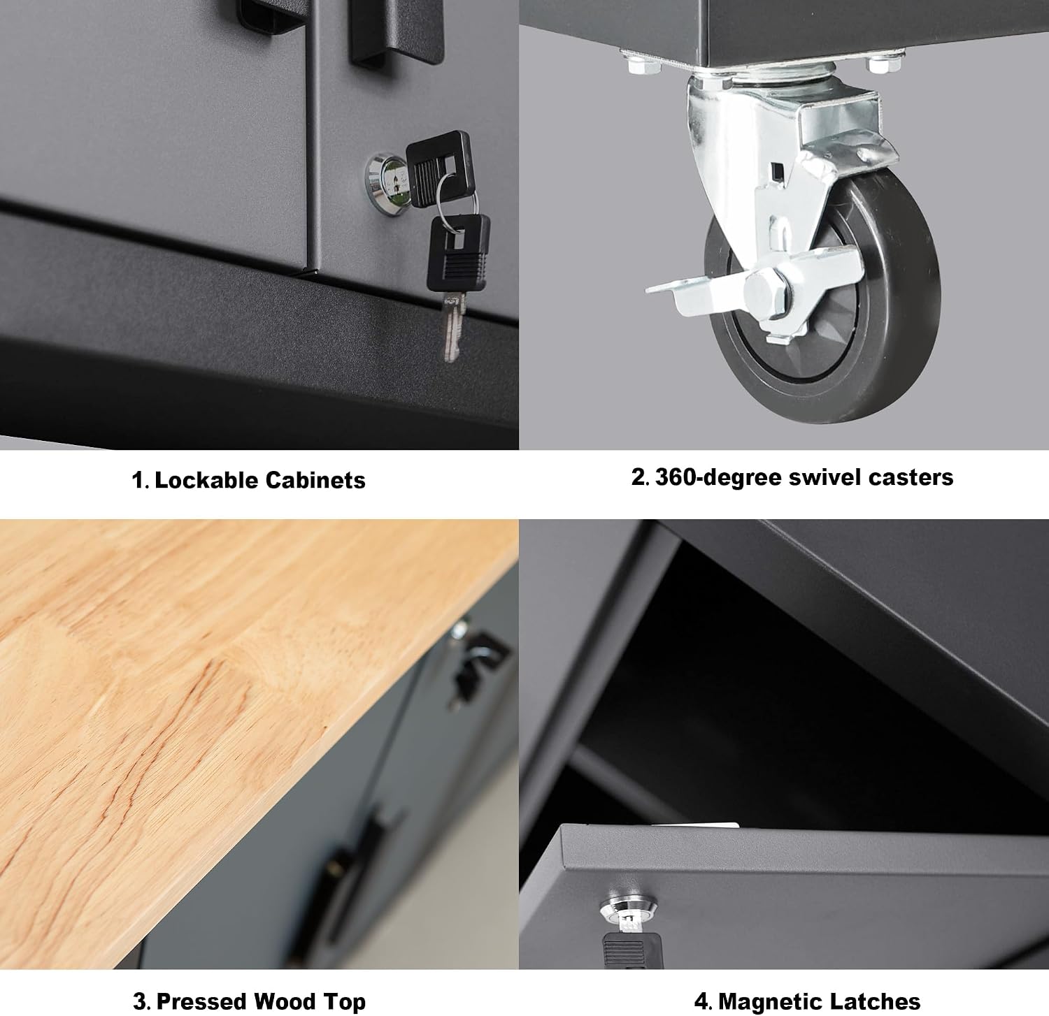 Torin Garage Storage System Heavy Duty 12Pcs Metal Organization Workbench，Wall, 4-Drawers Rolling Cabinet, Black/Grey