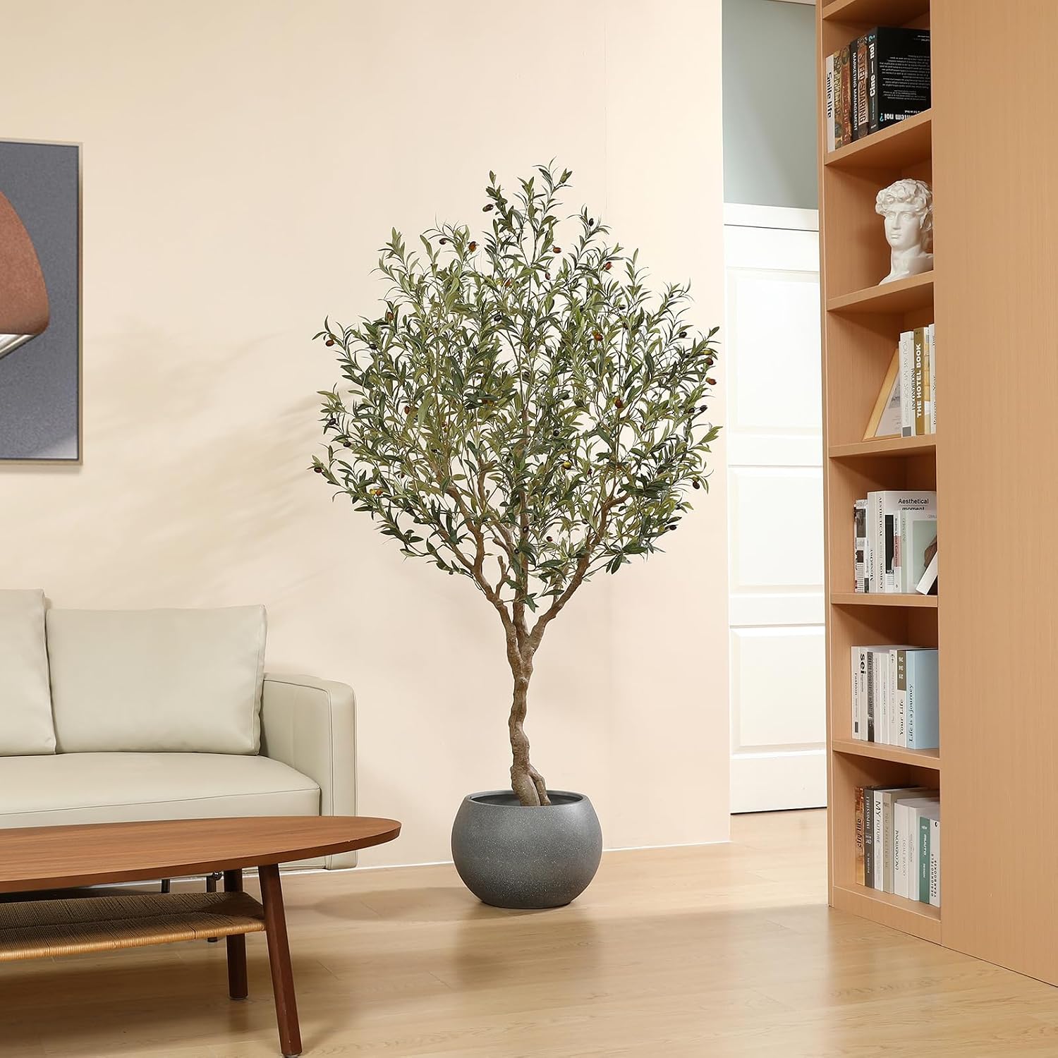 LOMANTO Olive Trees Artificial Indoor, 7Ft Artificial Olive Plants, Tall Faux Olive Tree, Fake Topiary Silk Tree in Pot with Olive Branch & Fruit, Home Office Modern Decor Gift for Housewarming 1Pack