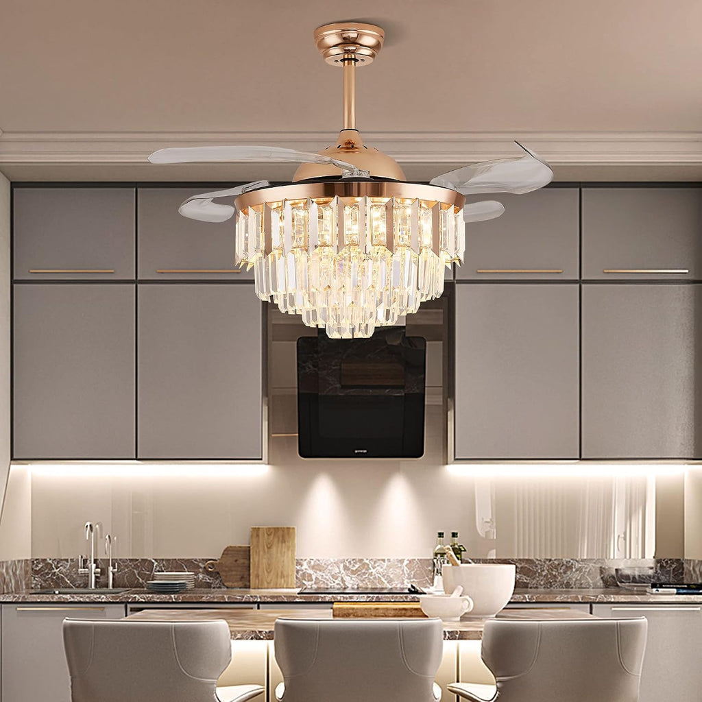 Crystal LED Ceiling Fans with Lights and Remote Controller 42 Inches Modern Fandelier Ceiling Lighting Fixture Crystal Fan Light Kit for Bedroom Dinning Room Living Room (Gold)