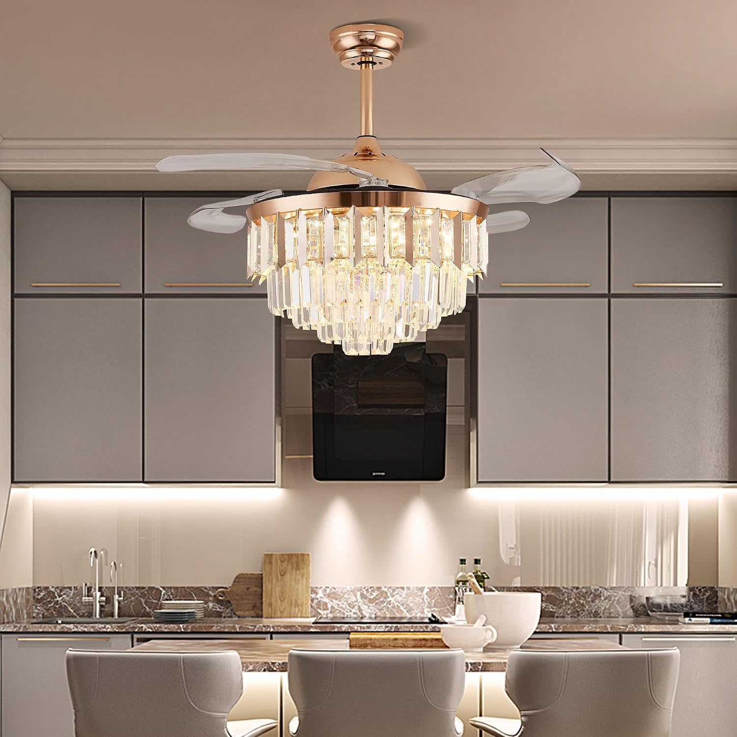 Crystal LED Ceiling Fans with Lights and Remote Controller 42 Inches Modern Fandelier Ceiling Lighting Fixture Crystal Fan Light Kit for Bedroom Dinning Room Living Room (Gold)