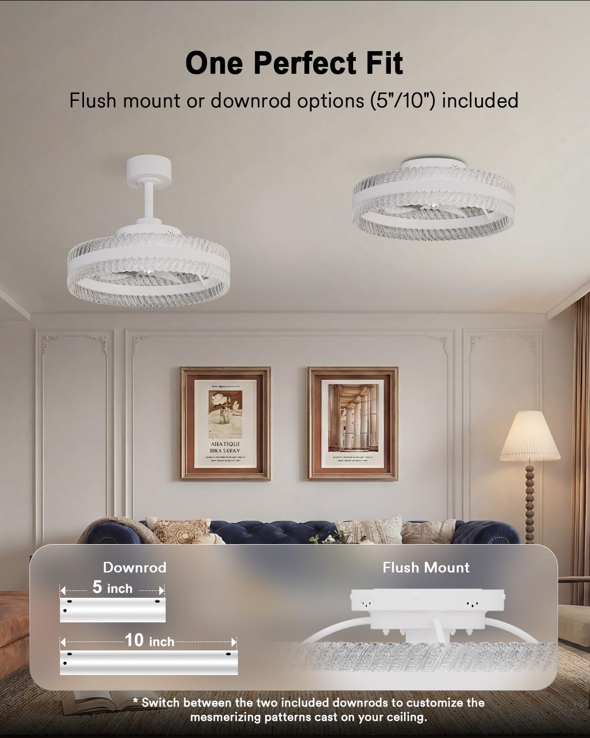 Lumary Smart Ceiling Fans with Lights, RGBAI Rainbow Flow Lighting with Feather Projection, Flush Mount/Downrod for Low Profile or High Ceilings, Modern Bladeless Crystal Fan Light for Bedroom, 20in