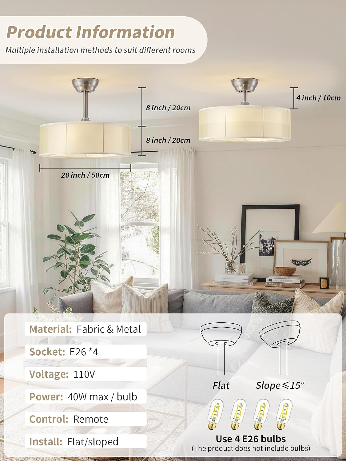20' Caged Fandelier Ceiling Fans with Lights, Yellow Mid Century Boho Chandelier Ceiling Fan with Light Remote Control with 6 Speeds for Bedroom, Living Room, Nursery