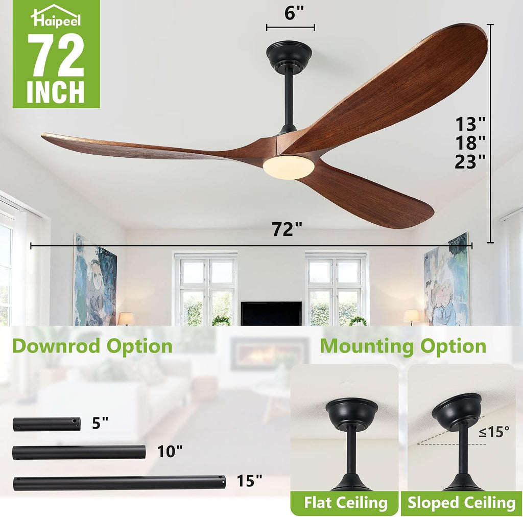 Haipeel 72 Inch Outdoor Ceiling Fans with Lights, Wood Ceiling Fan with Light and Remote Control Propeller Modern Large Ceiling Fans for Patios Farmhouse Indoor Quiet High cfm ETL, Dark Walnut
