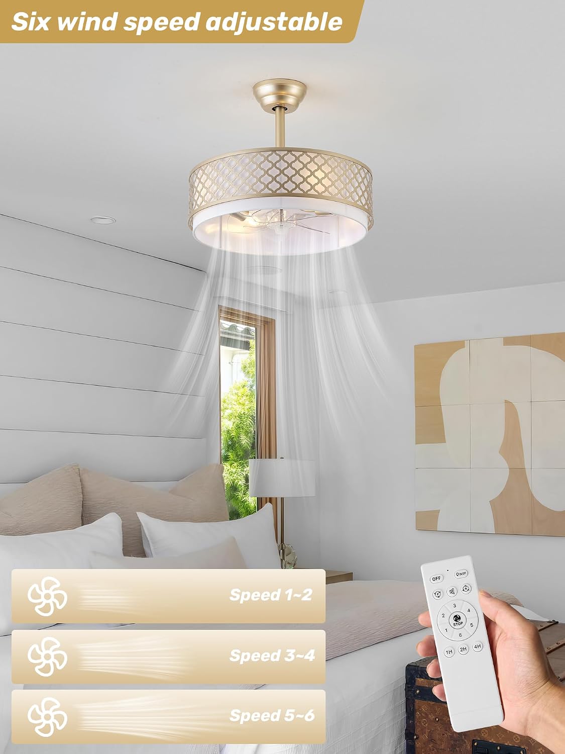20' Gold Fandelier Ceiling Fan with Lights, Caged Boho Ceiling Fan with Light Remote Control, Rattan with 6 Speeds for Bedroom, Nursery, Living Room
