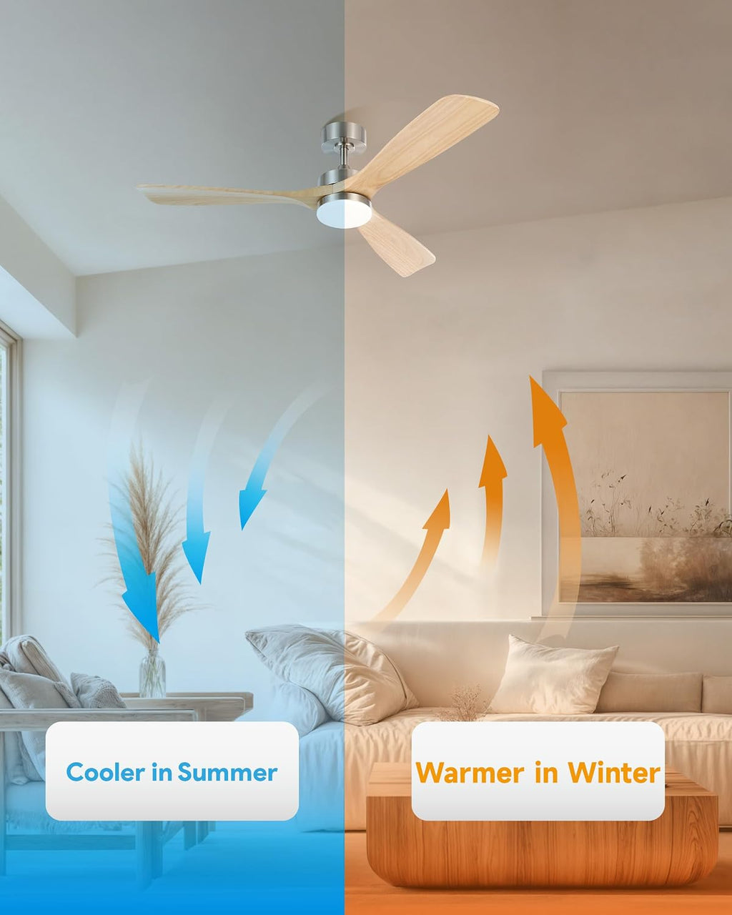 VONLUCE Wood Ceiling Fan with Lights, 52 Inch Ceiling Fan and Remote, 6 Speed Reversible Noiseless DC Motor, 3CCT, Solid Wood Outdoor Ceiling Fan for Patios Farmhouse, Nickel