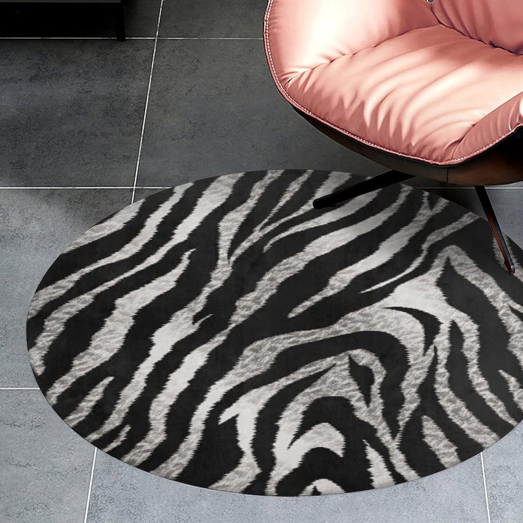 Black and White Zebra Print Coral Velvet Round Floor Mat Non-Slip Bath Rug Floor Covering for Bathroom Vanity Guest Suite & Vacation Home