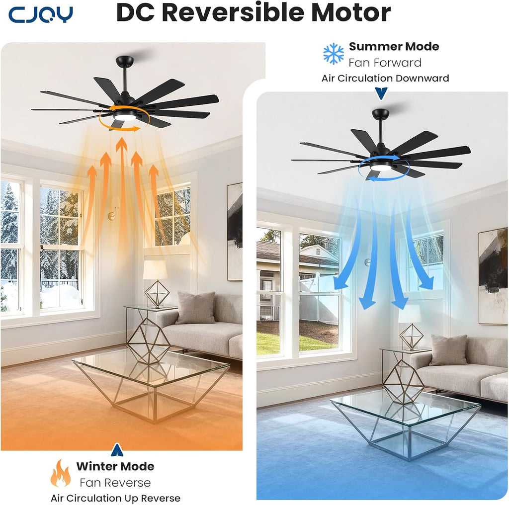62 Inch Ceiling Fan with Light，Indoor/Outdoor Black Large Ceiling Fans with Lights and Remote for Kitchen Living Room Patio, 9 Blade Reversible Quiet DC Motor,6 Speeds,3 CCT(Dual Finish )