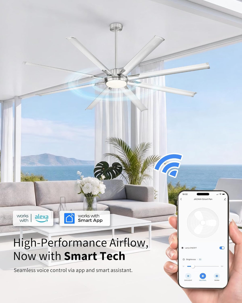 84 Inch Industrial Ceiling Fans with Lights and Remote,Extra Large Indoor Ceiling Fan with 8 Aluminium Metal Blades,Brushed Nickel Ceiling Fan,CF04BN-84