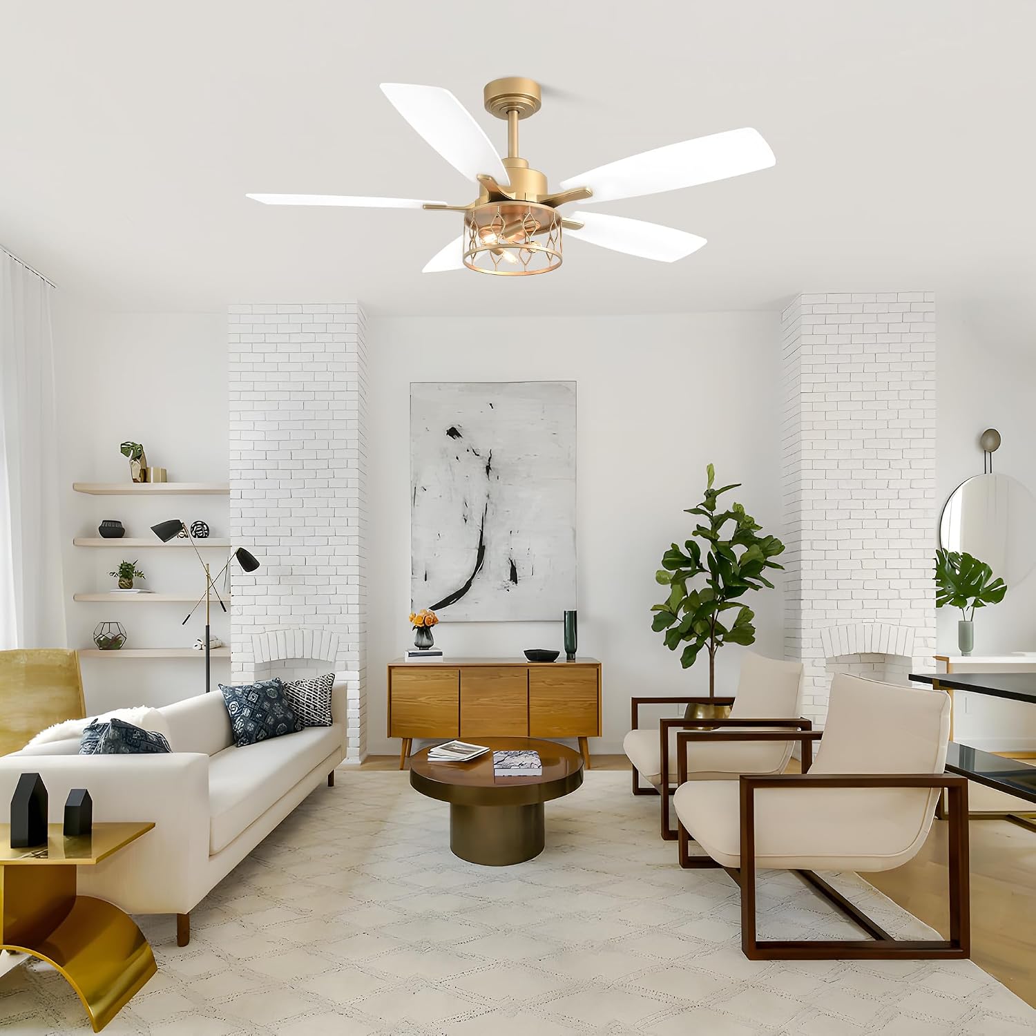 52' Farmhouse Ceiling Fans with Lights and Remote,Chandelier Ceiling Fan with 5 Double Colour Blades,Reversible DC Motor,Rustic Caged Ceiling Fan for Living Room,Dining Room,Bedroom