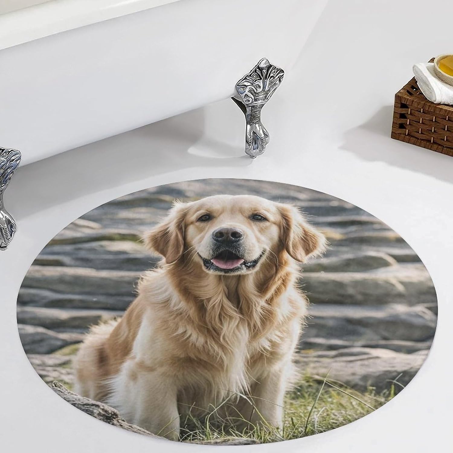 Golden Retriever Coral Velvet Round Floor Mat Non-Slip Bath Rug Floor Covering for Bathroom Vanity Guest Suite & Vacation Home