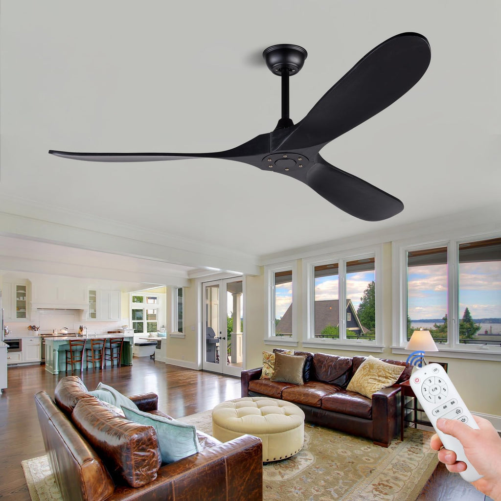 60 Inch Ceiling Fans without Lights, Black Ceiling Fans no Lights with Remote Control, 3 Solid Wood Blades, Indoor Outdoor Ceiling Fan for Patios Living Room