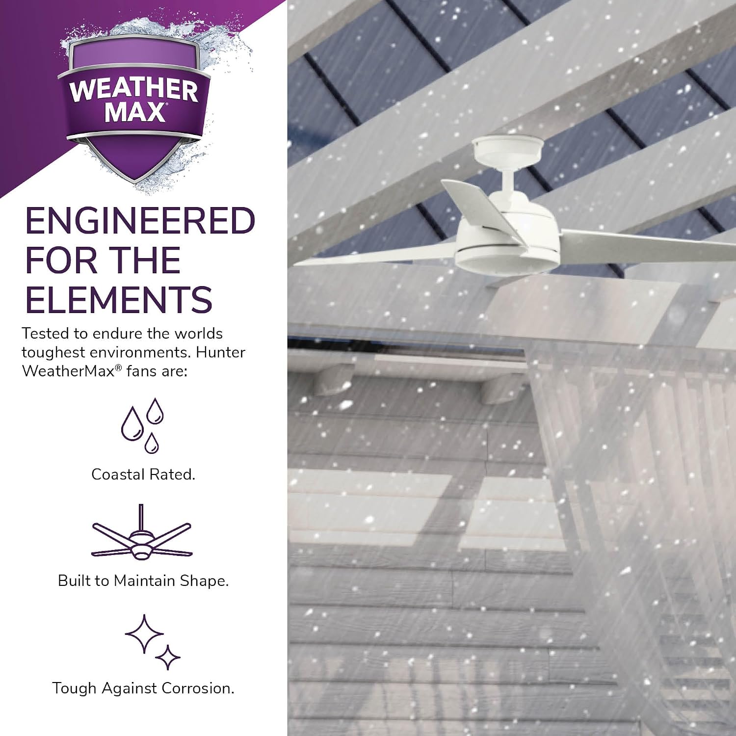 Hunter 52 inch Outdoor or Indoor Ceiling Fan No Light - White Ceiling Fan without Light, For Patio, Porch, Garage, or Living Room, Standard Mount, 3 Blades, Wall Control - Trimaran 59610, Fresh White