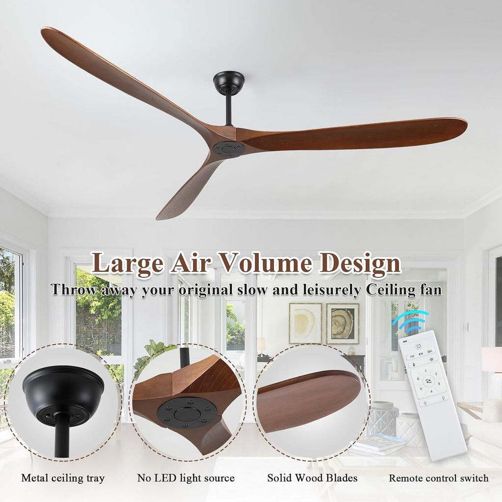 Ceiling Fans Without Light, 88 In Extra Large Ceiling Fan No Lights, 3 Wood Walnut Blades, DC Motor, Propeller Outdoor Ceiling Fan for Patios and Big Rooms with Remote Control