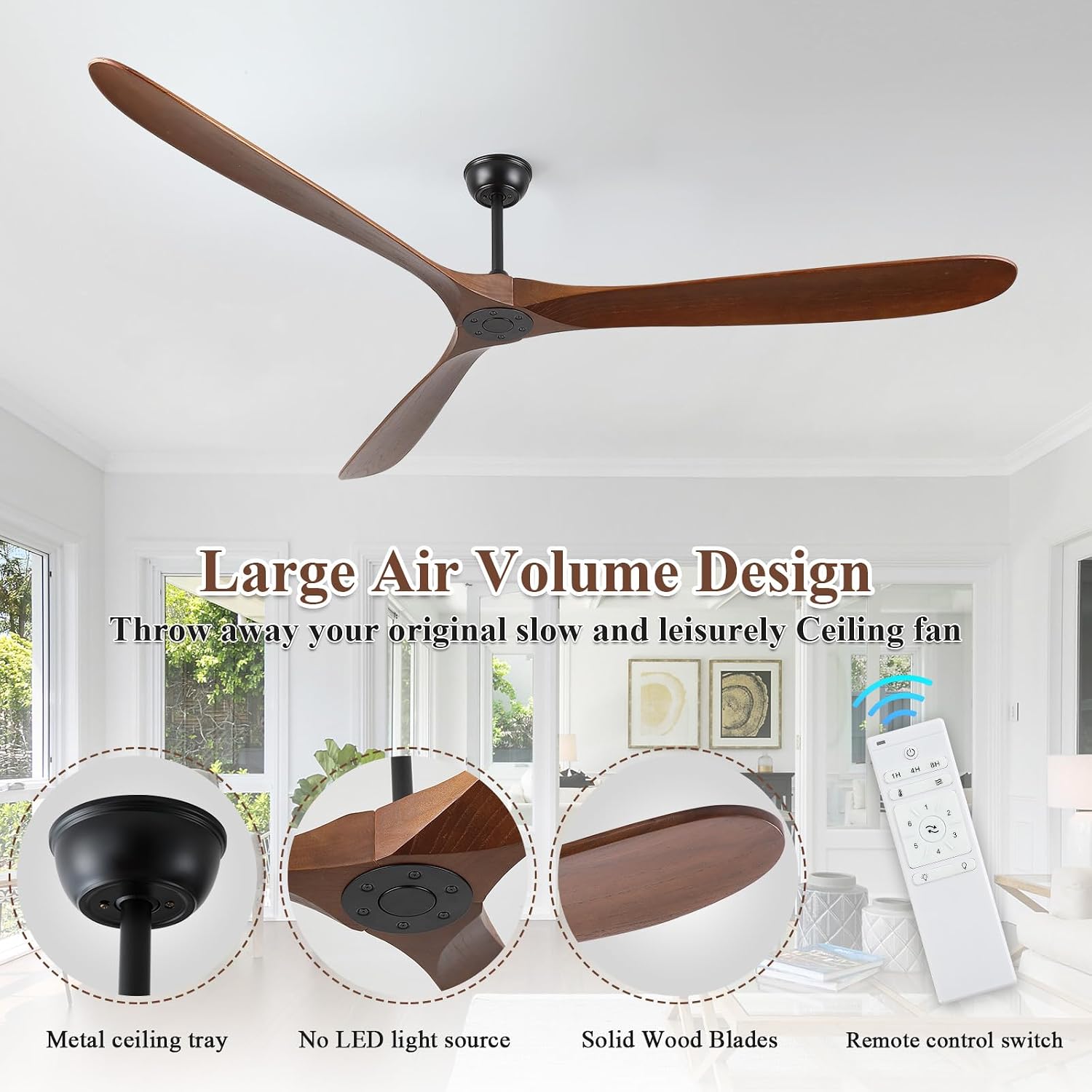 Ceiling Fans Without Light, 88 In Extra Large Ceiling Fan No Lights, 3 Wood Walnut Blades, DC Motor, Propeller Outdoor Ceiling Fan for Patios and Big Rooms with Remote Control