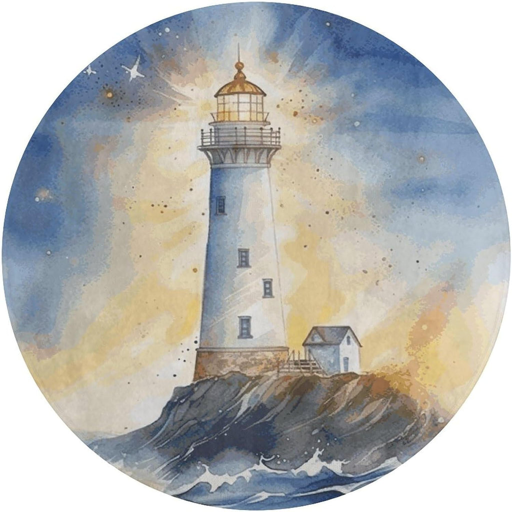 Watercolor Lighthouse Fantasy Light Coral Velvet Round Floor Mat Non-Slip Bath Rug Floor Covering for Bathroom Vanity Guest Suite & Vacation Home