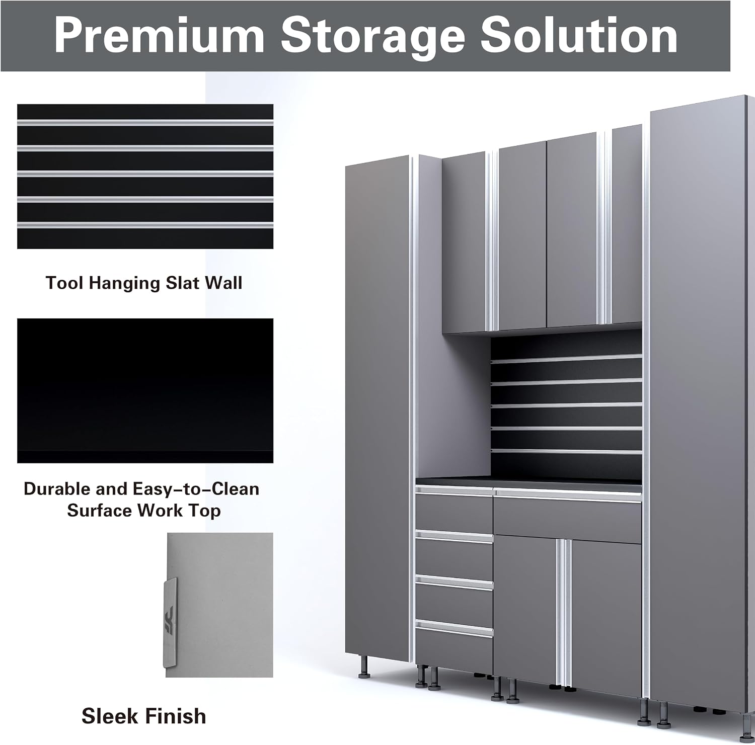 Premium Garage Cabinets 7' Storage Sets Solution with Adjustable Legs, Soft-Close Drawer & Door, Integrated Handles, Heavy Duty Plywood Box Construction, Tool and Equipment Organizer (Combo 7CS-011A)