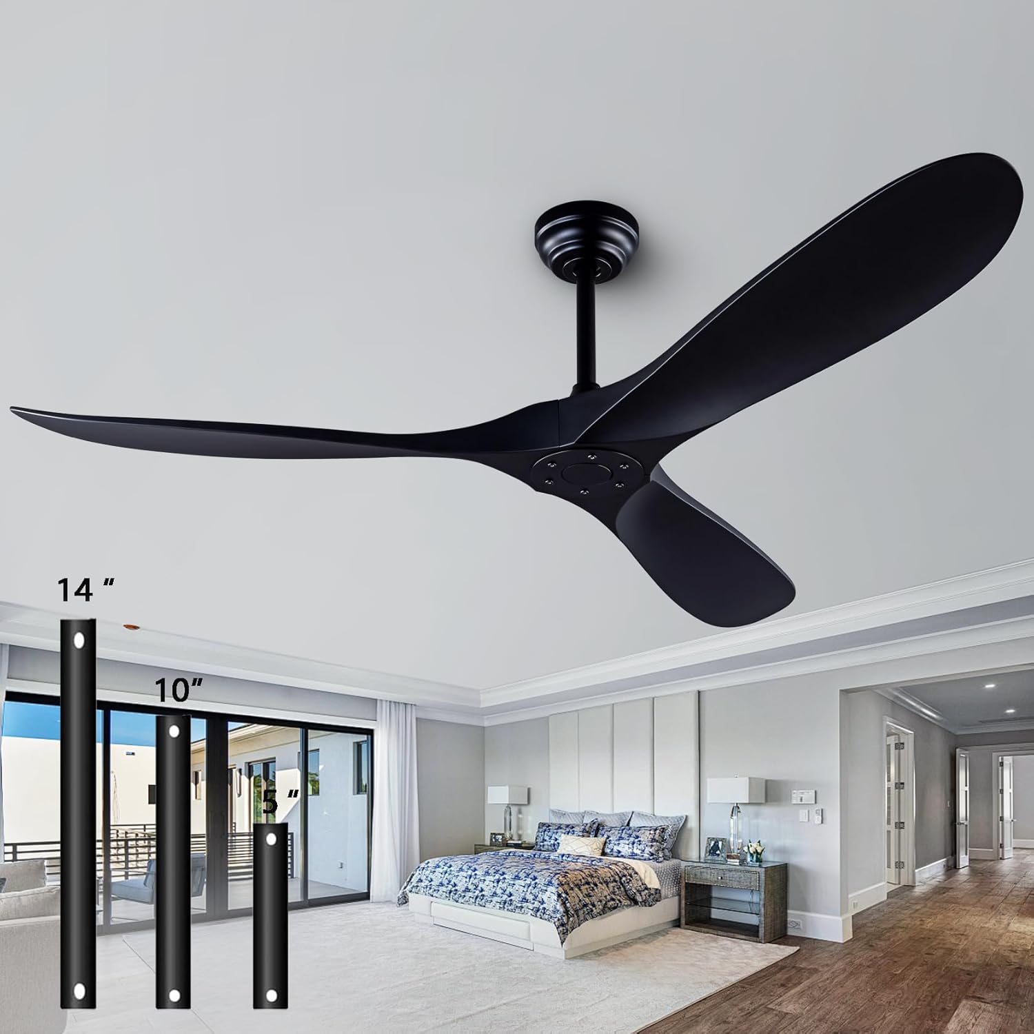 60' Ceiling Fans with Remote Control, No Lights, Modern Reversible DC Motor Indoor Outdoor 3 Blade Ceiling Fan for Patio, Living Room, Bedroom and Farmhouse (Black)