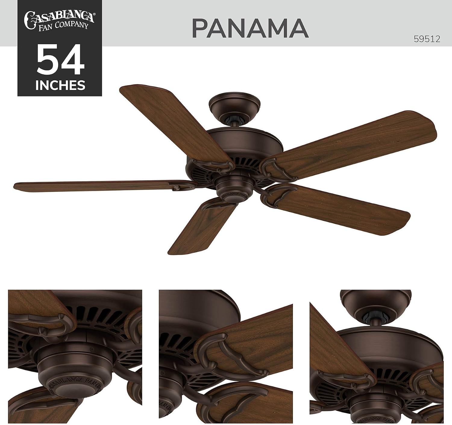 Casablanca 54 inch Indoor Ceiling Fan No Light with Remote Control - Ceiling Fan without Light, Standard Mount, 5 Blades, For Bedroom, Living Room, or Kitchen - Panama 59512, Brushed Cocoa