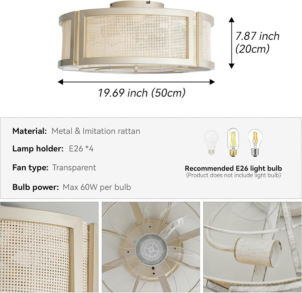 20' Boho Ceiling Fans with Lights, Rattan Flush Mount Ceiling Fan with Light Remote Control with Caged 6 Speeds for Bedroom, Nursery, Living Room (Gold)