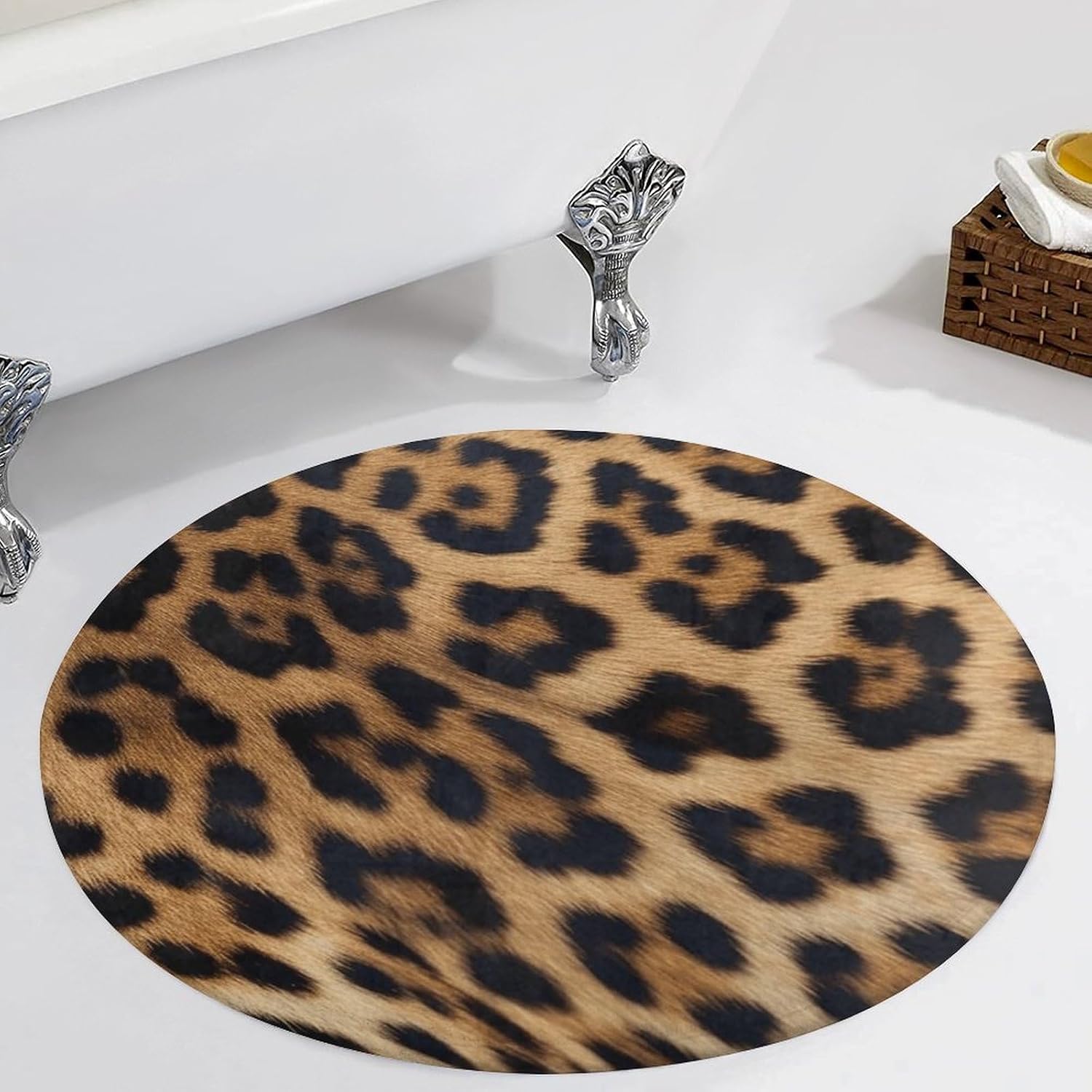 Rough Leopard Print Coral Velvet Round Floor Mat Non-Slip Bath Rug Floor Covering for Bathroom Vanity Guest Suite & Vacation Home