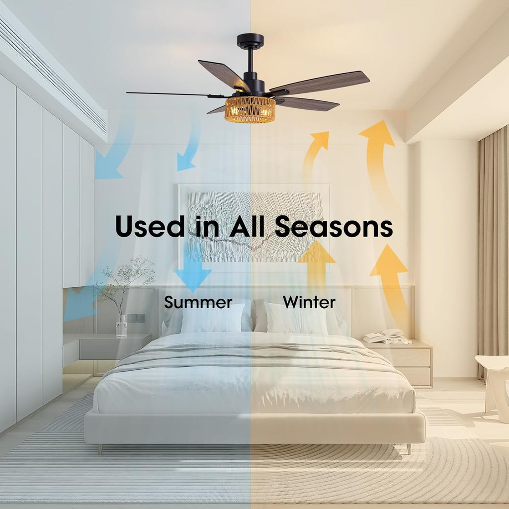 LuminFan 52 Inch Boho Black Rattan Ceiling Fans with Lights and Remote Control, Farmhouse Caged Rattan Ceiling Fan for Dining Room, Bedroom, Living Room and Patio, Indoor/Outdoor