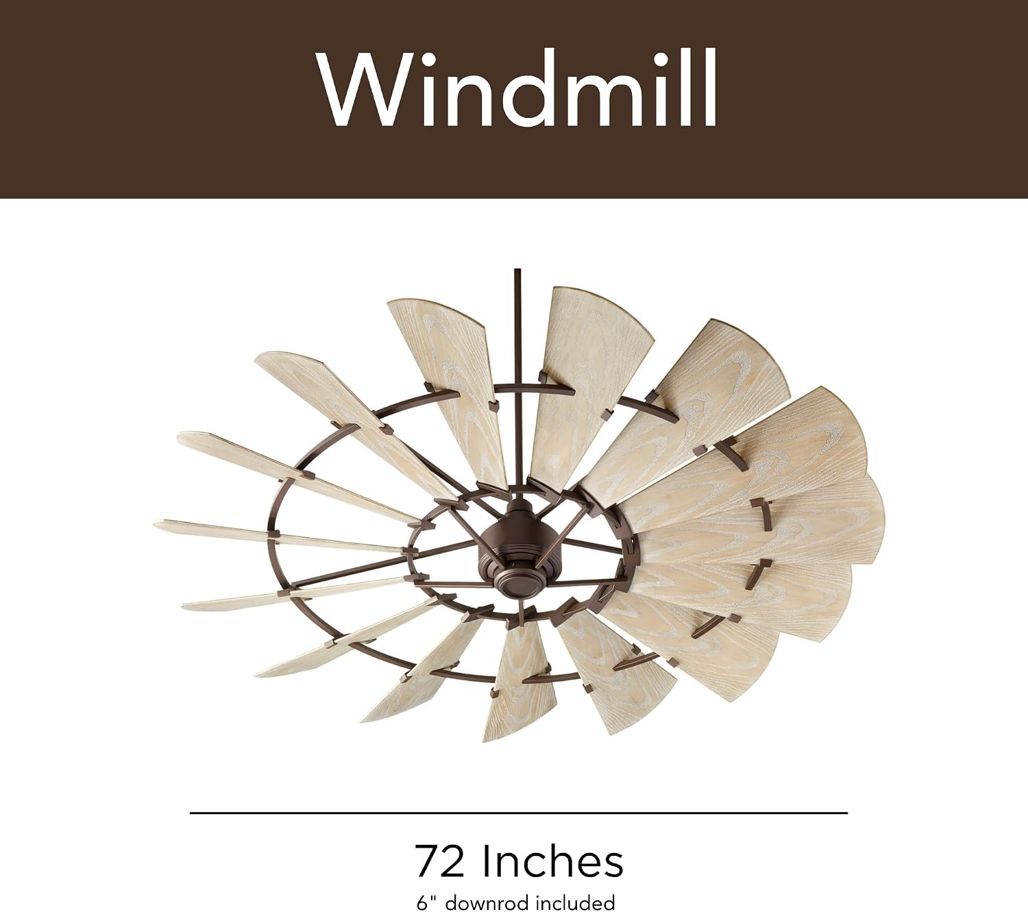 Quorum 97215-86 Windmill 72 Inch Ceiling Fan | 15 Blade Wagon Wheel Design | 6 Speed Reversible DC Motor | Remote Control Included | Dry Rated Indoor Fan | Weathered Oak Blades | Oiled Bronze Finish