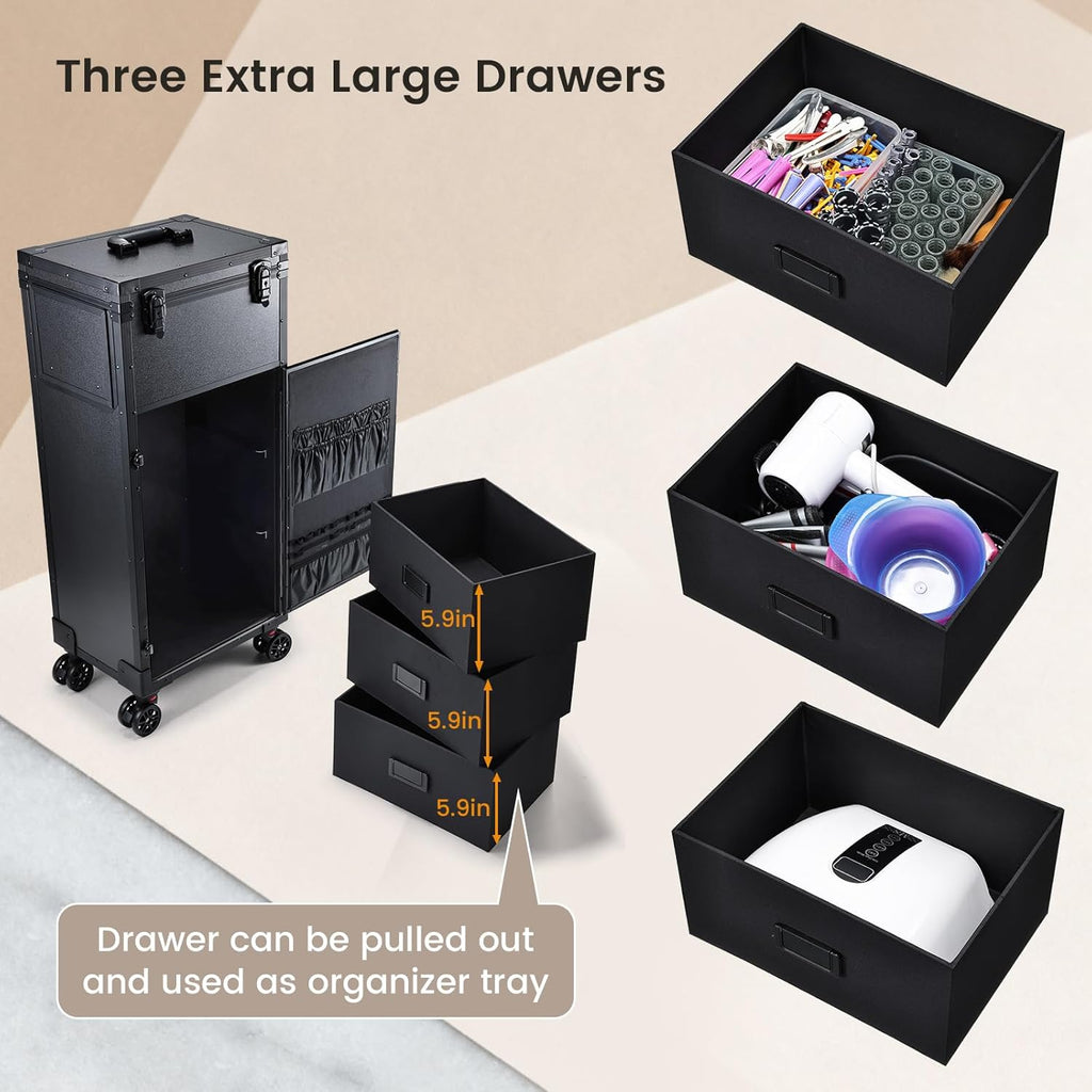 Rolling Makeup Case with LED mirror, Cosmetology Case on Wheels with Lighted Mirror, Professional Salon Trolley Cart with 3 Drawers,Travel Makeup Lockable Beauty Organizer with Live Stream Light