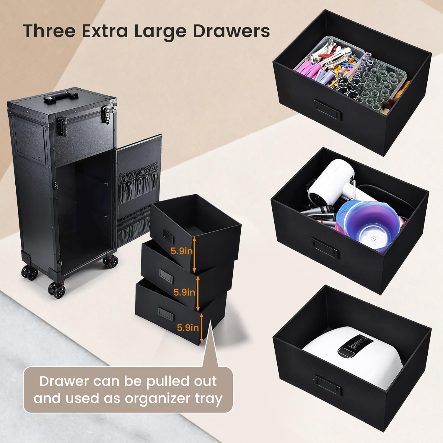 Rolling Makeup Case with LED mirror, Cosmetology Case on Wheels with Lighted Mirror, Professional Salon Trolley Cart with 3 Drawers,Travel Makeup Lockable Beauty Organizer with Live Stream Light